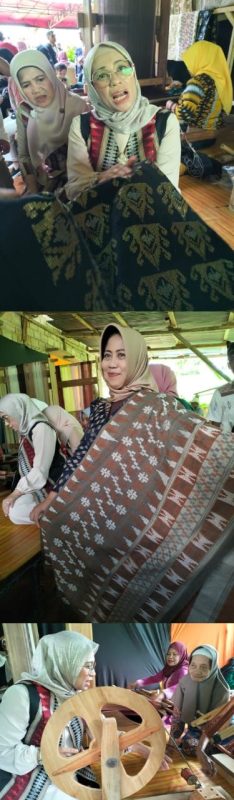 Ketgam : Ketua Dekranasda Sultra, Arinta Nila Hapsari dan Wakil Ketua Dekranasda Sultra saat mengunjungi Kampung Tenun Desa Masalili Kecamatan Kontunaga Kabupaten Muna, Sabtu (17/5). Foto : Redaksi