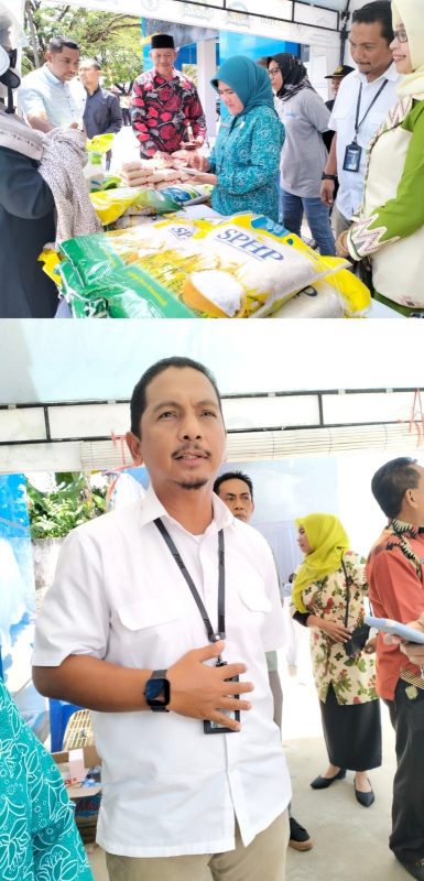 Ketgam : Ketua TP PKK Kab.Muna, Prof Hj Leomo Bachrun dan Kepala Bulog Raha, Muthain Muhammadong dalam kegiatan gelar pangan murah di Kantor Bulog Raha, Sabtu (30/8)